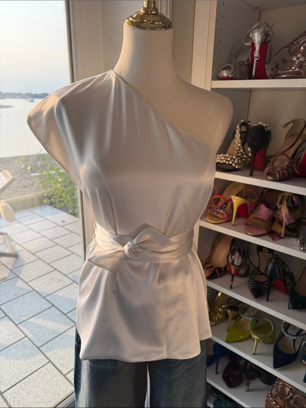 Alice + Olivia One-Shoulder Satin Belted Top in white